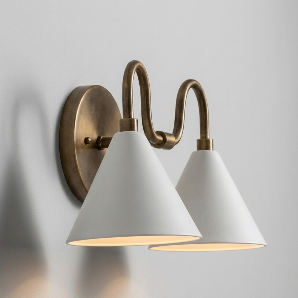Double White Cone Vanity Light - Curved Brass Wall Sconce