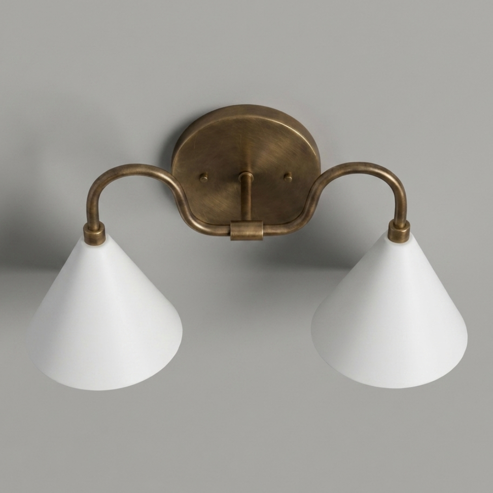 Double White Cone Vanity Light - Curved Brass Wall Sconce