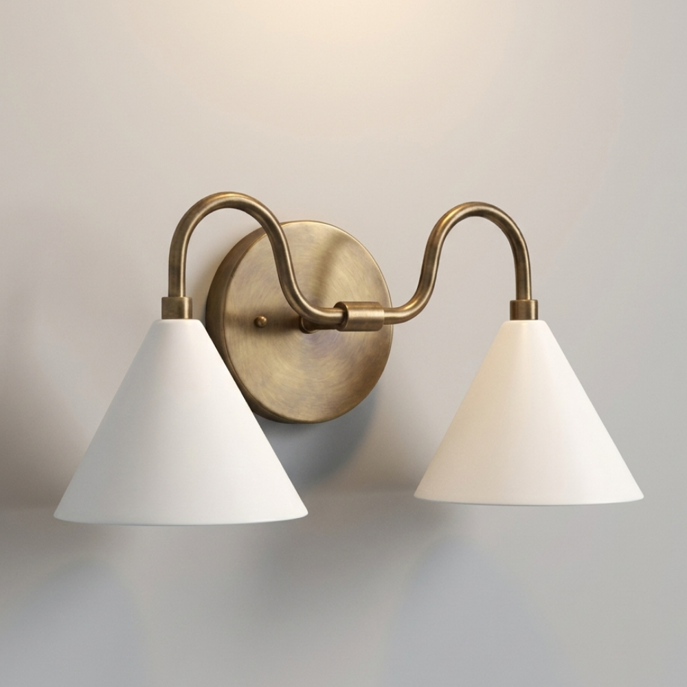 Double White Cone Vanity Light - Curved Brass Wall Sconce