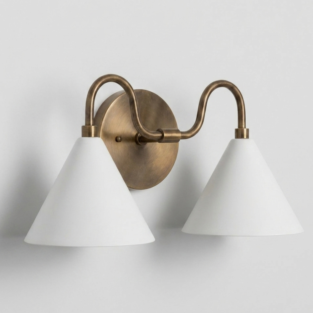 Double White Cone Vanity Light - Curved Brass Wall Sconce