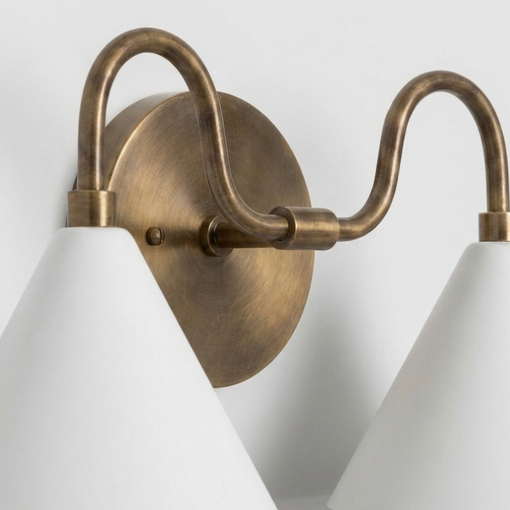 Double White Cone Vanity Light - Curved Brass Wall Sconce