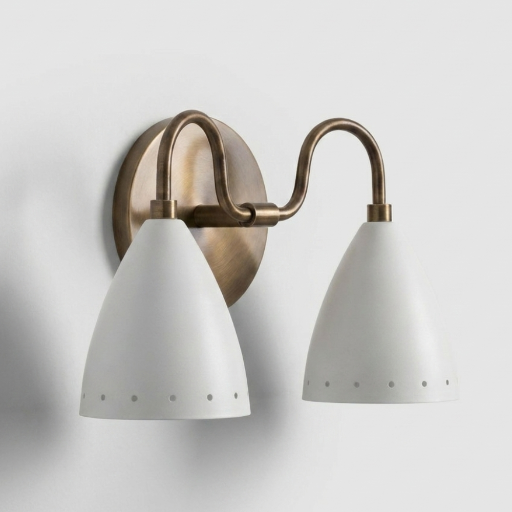 Perforated Double White Cone Wall Sconce - Curved Brass Vanity Light