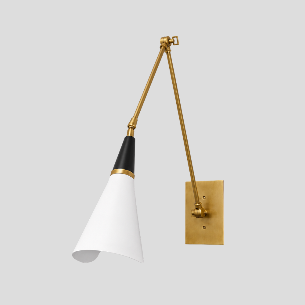 Long Arm Brass Wall Lamp - Adjustable Brass & White Cone Sconce