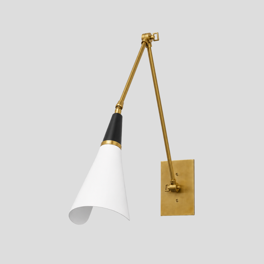 Long Arm Brass Wall Lamp - Adjustable Brass & White Cone Sconce