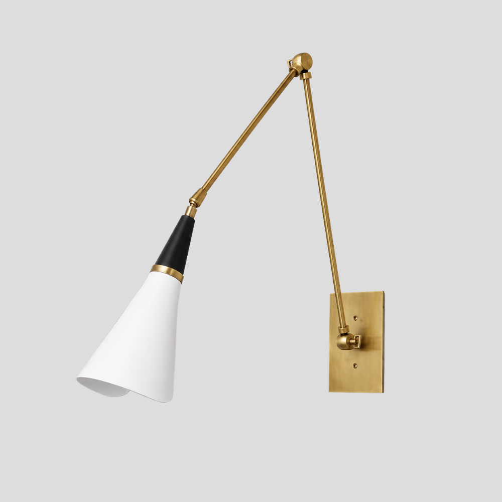 Long Arm Brass Wall Lamp - Adjustable Brass & White Cone Sconce