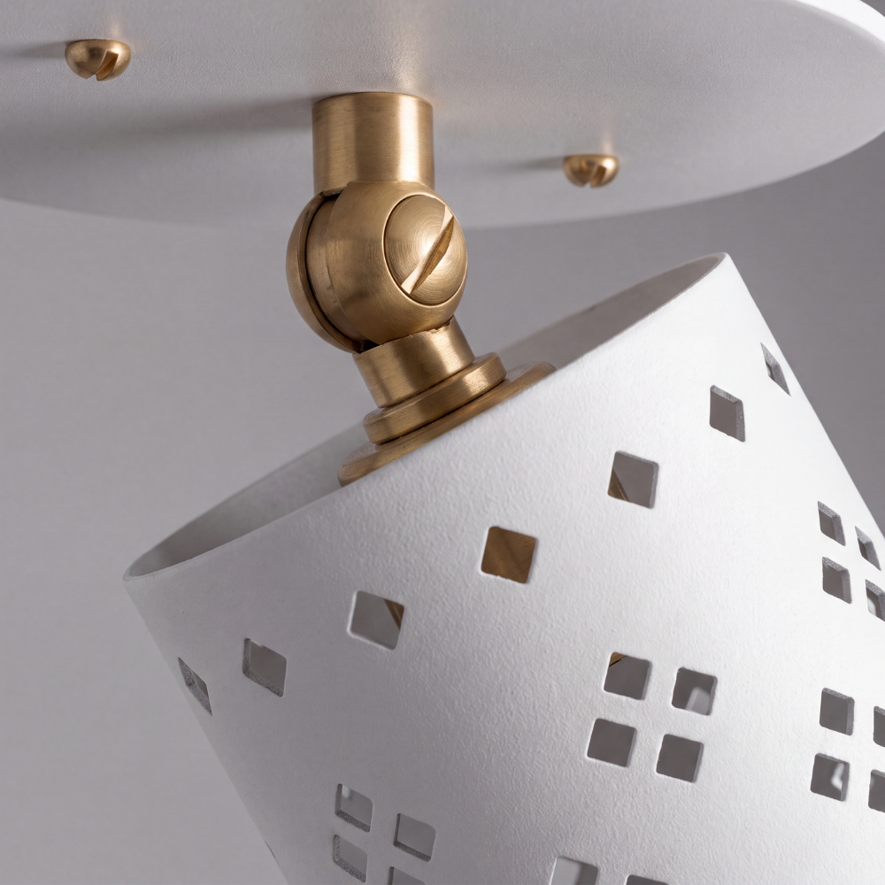 White Perforated Cylinder Spot Light - Articulated Brass Semi Flush Mount