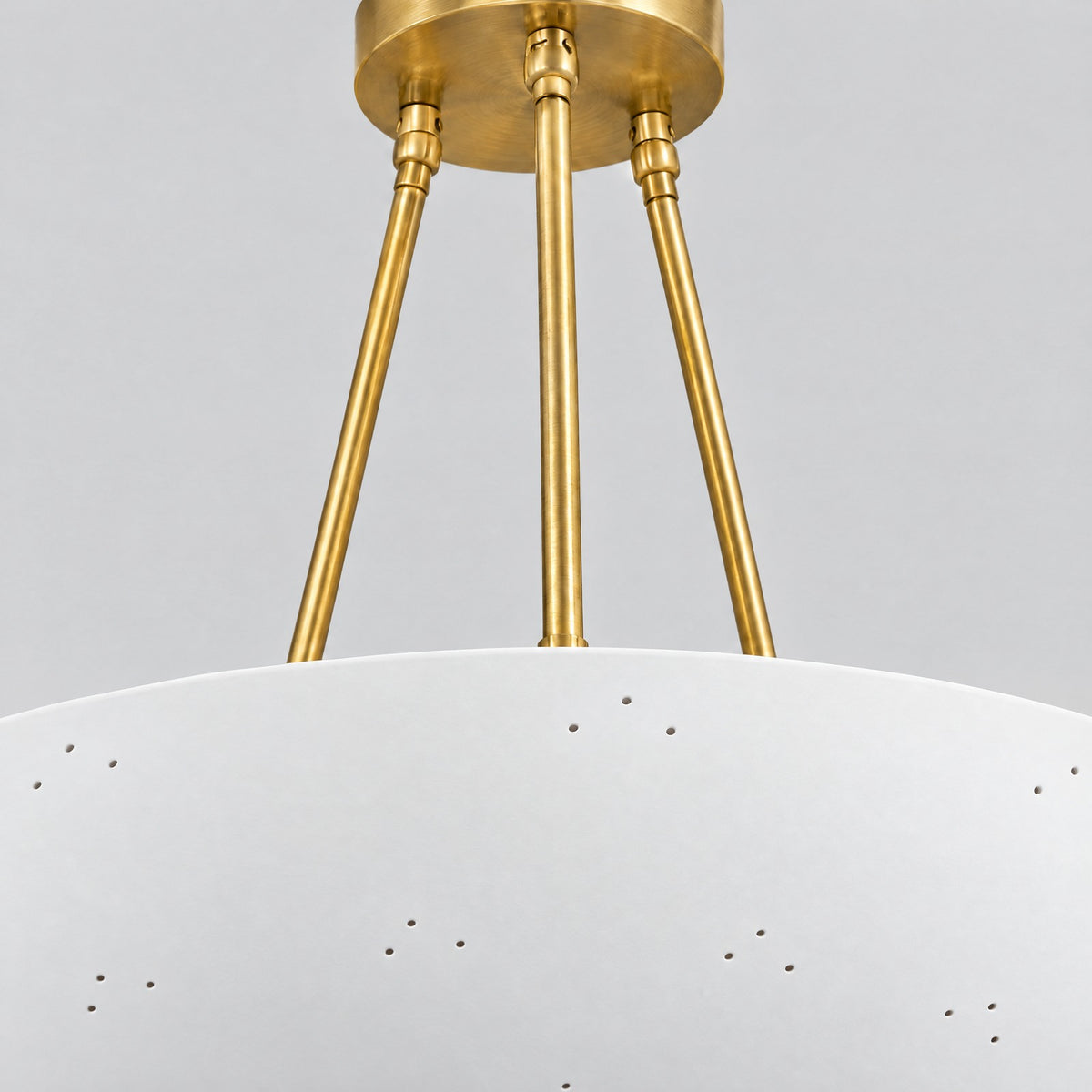 Perforated Dome Pendant, close-up of the solid brass details and finish, solid brass dome pendant by BrassBeam