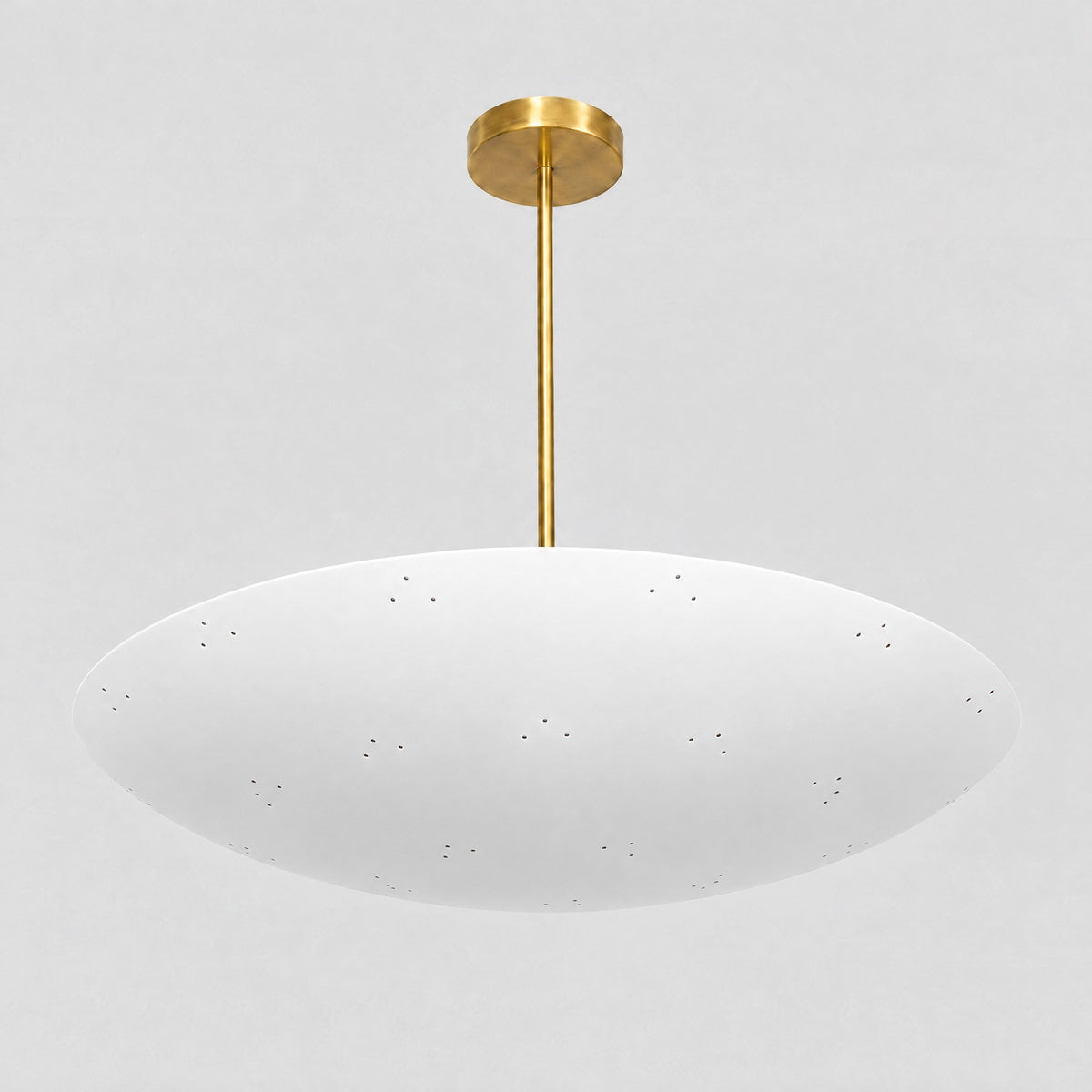 Large Perforated Dome Pendant, view from below, solid brass dome chandelier by BrassBeam