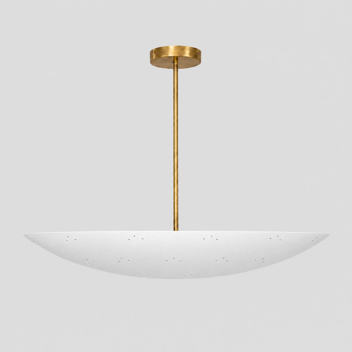 Large Perforated Dome Pendant, side view showing depth, solid brass dome chandelier by BrassBeam