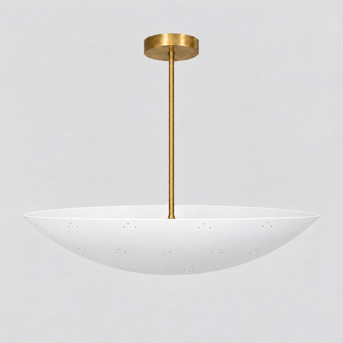 Large Perforated Dome Pendant, three-quarter view from the right, solid brass dome chandelier by BrassBeam