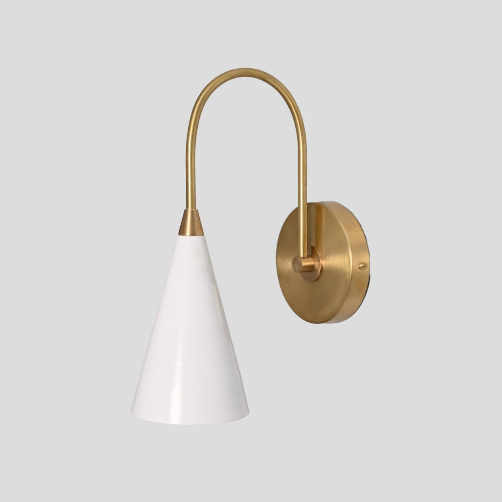 Mid century brass wall light with elongated curved arm and white cone shade