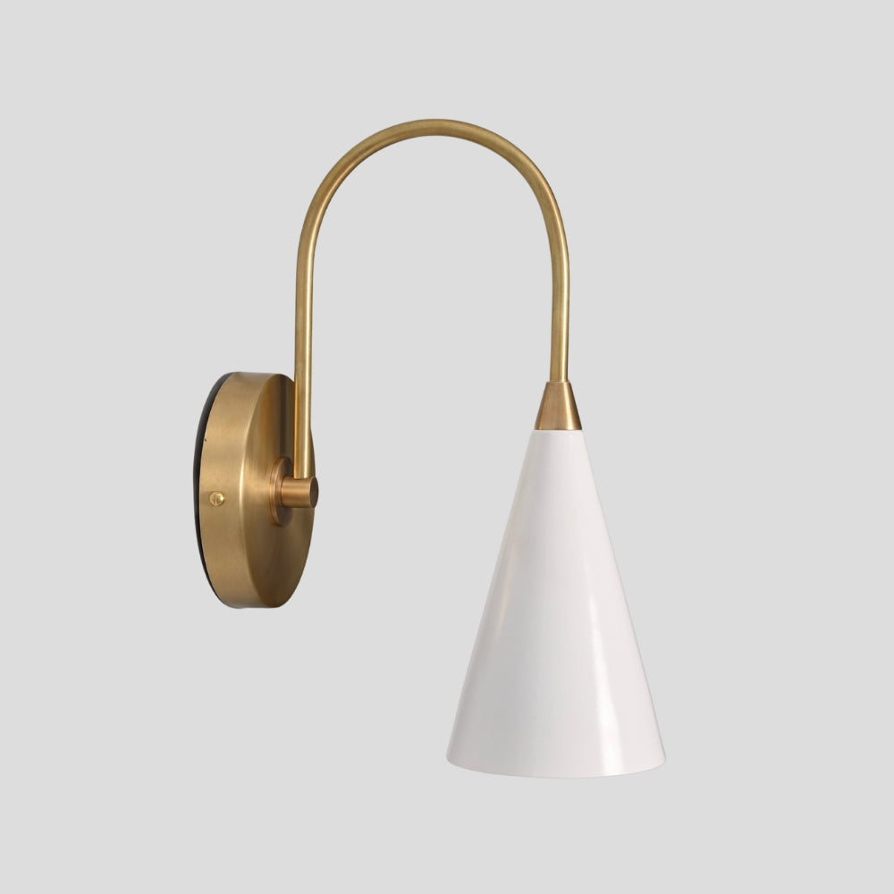 Modern long arm wall lamp with brass fixture and sculptural white cone shade