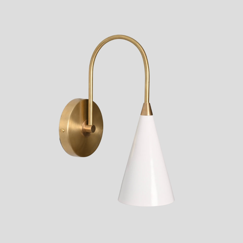 Wall-mounted lamp with brass arm and white cone shade on a light gray background