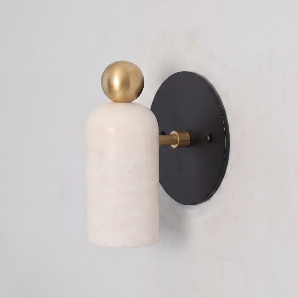 Brass & Matt Black Stub Arm Alabaster Wall Sconce - Minimalist Finial Marble Lamp