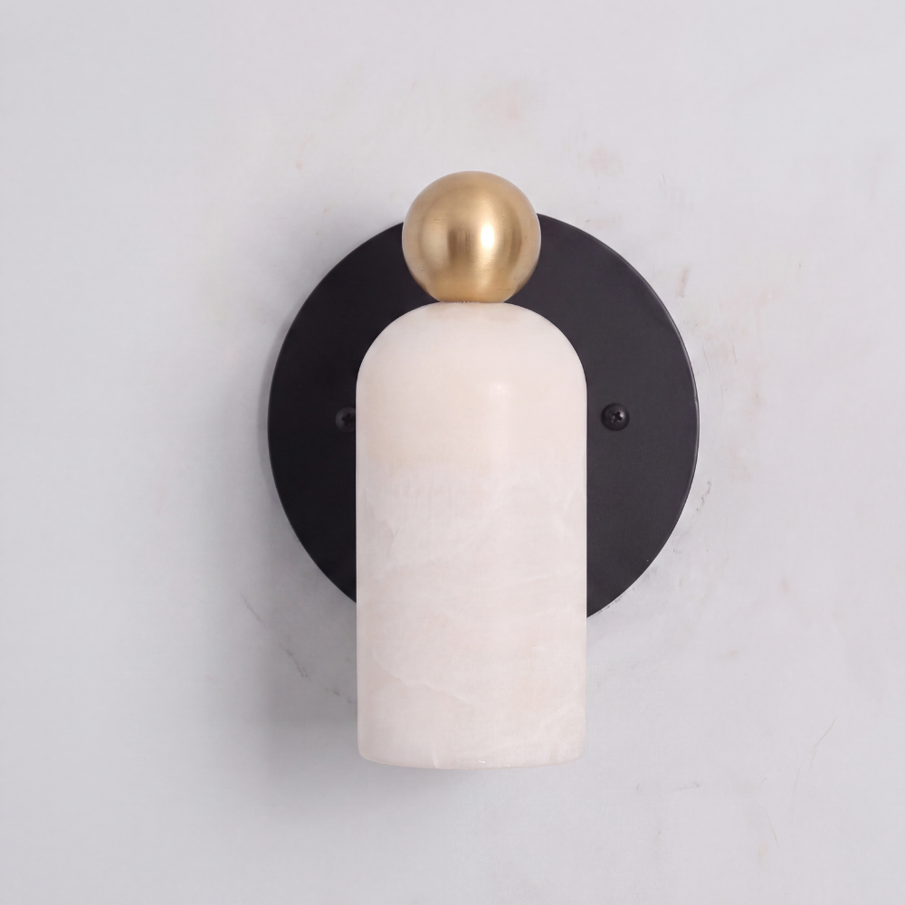 Brass & Matt Black Stub Arm Alabaster Wall Sconce - Minimalist Finial Marble Lamp