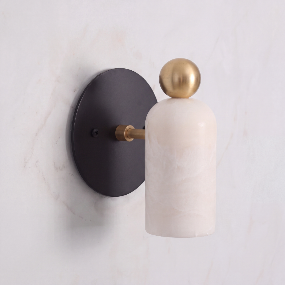 Brass & Matt Black Stub Arm Alabaster Wall Sconce - Minimalist Finial Marble Lamp