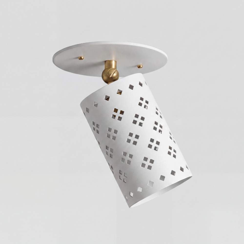 White Perforated Cylinder Spot Light - Articulated Brass Semi Flush Mount