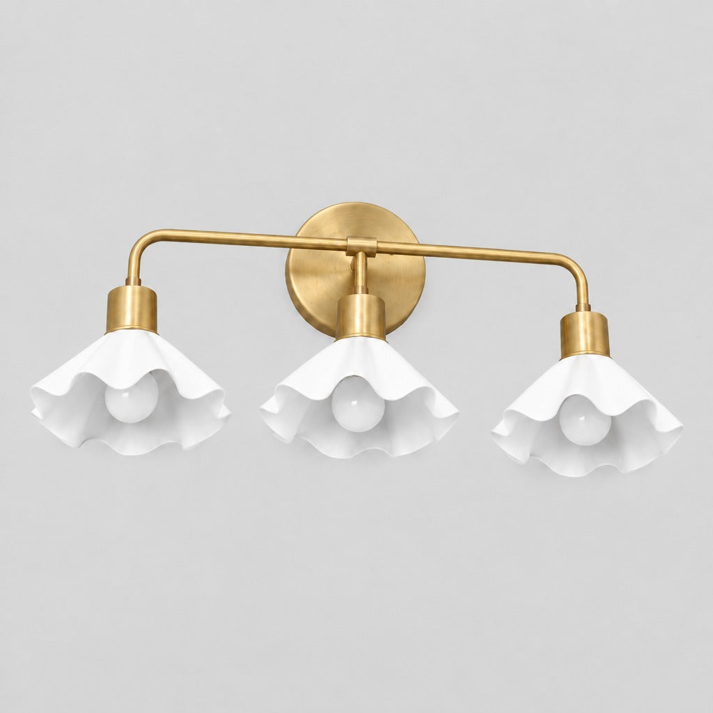 Triple Flower Wall Sconce, view from below, solid brass vanity light by BrassBeam