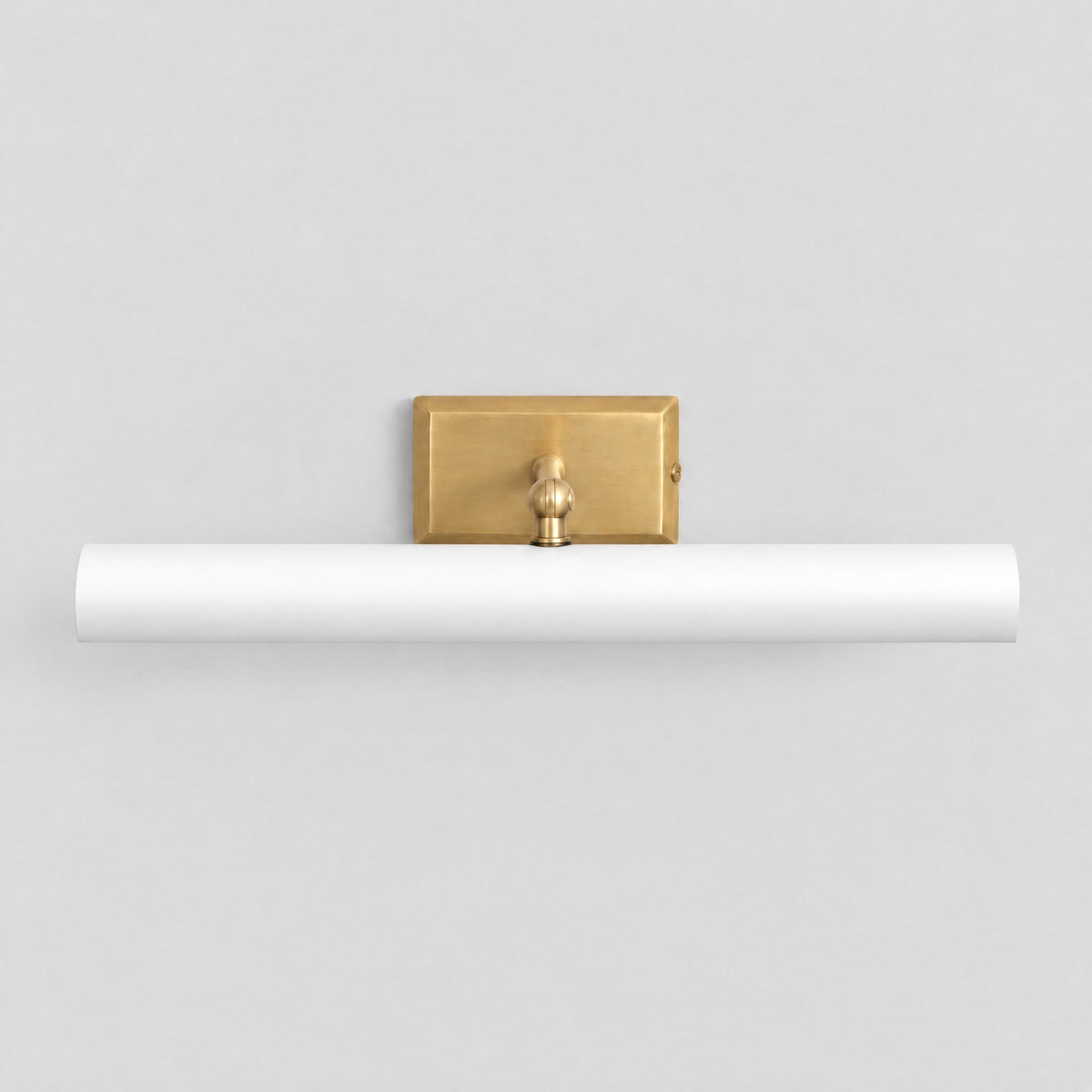Picture light with matt white shade and solid brass backplate and arm, front view, by BrassBeam